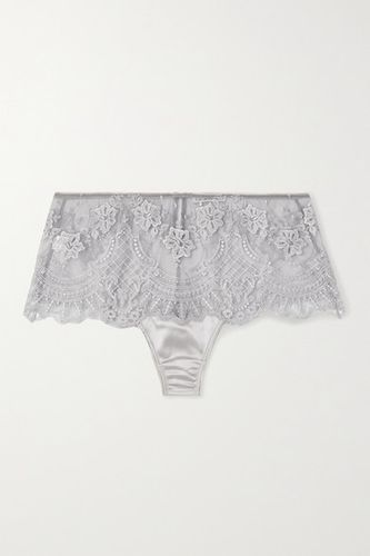 Satin-trimmed Embroidered Tulle Briefs - Gray