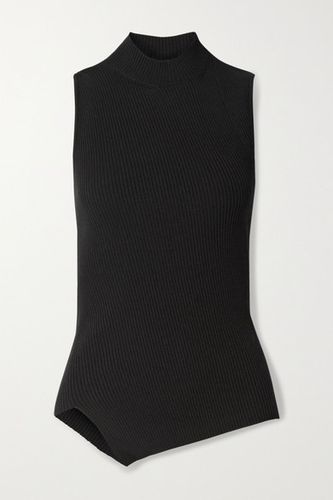 Asymmetric Ribbed Wool-blend Turtleneck Top - Black