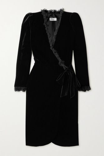 Lace-trimmed Velvet Wrap Dress - Black