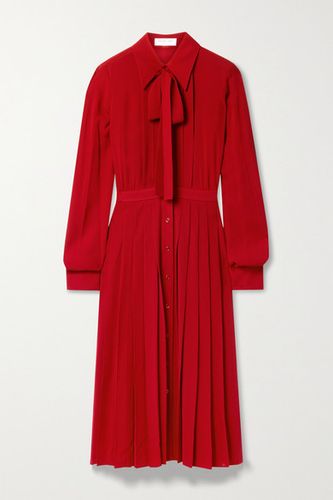 Pussy-bow Pleated Silk-crepe Midi Shirt Dress - Red