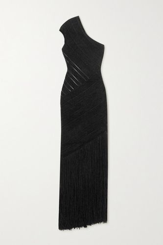 One-shoulder Fringed Velour Bandage Gown - Black