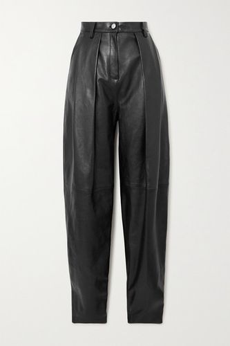 Pleated Leather Tapered Pants - Black