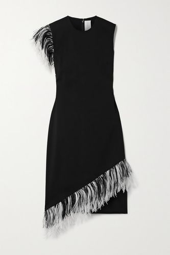 Asymmetric Feather-trimmed Twill Dress - Black