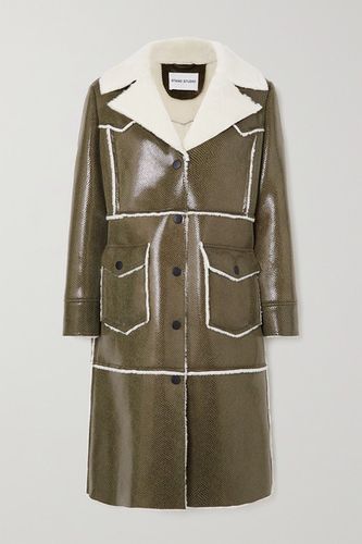 Adele Faux Shearling-trimmed Snake-effect Faux Patent-leather Coat - Black