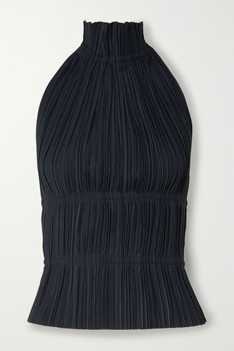 Open-back Plissé-crepe Halterneck Top - Midnight blue