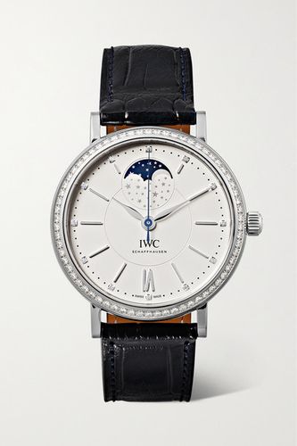 Portofino Automatic Moon Phase 37mm Stainless Steel, Alligator And Diamond Watch - Silver