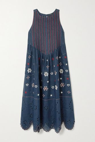 Jackie Embroidered Broderie Anglaise Linen Midi Dress - Navy