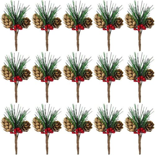 15 pezzi di pigne artificiali e bacche rosse mini albero di pino artificiale per ghirlande di fiori e decorazioni natalizie per feste di Natale