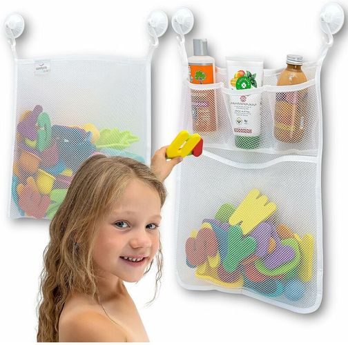 2 x Organizer per giocattoli da bagno in rete + 6 ganci ultra resistenti – Il perfetto supporto per giocattoli per vasca da bagno e portaoggetti per