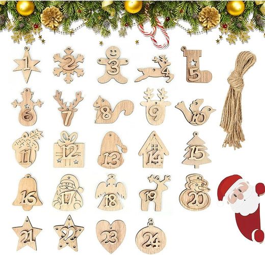 24 pezzi di numeri in legno Calendario dell'Avvento, ornamenti per alberi di Natale in legno, etichette natalizie in legno per realizzare calendari