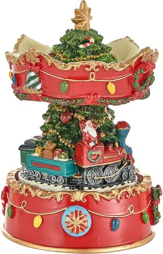 Carillon Natalizio. Scatola Musicale con Giostra. Albero di Natale e Trenino Rosso 9x9x16 cm