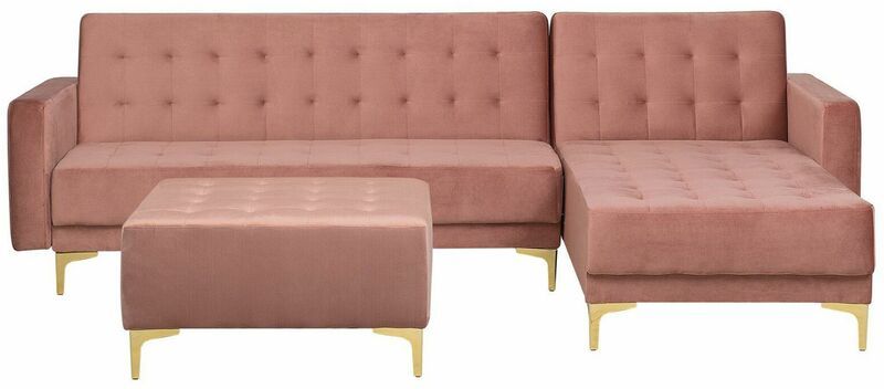 Divano letto angolare in tessuto rosa versione sinistra con ottomana ABERDEEN