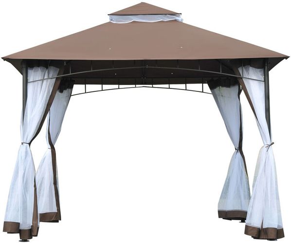 Gazebo da Giardino 3x3m con Zanzariera in Metallo e Poliestere Marrone e Bianco