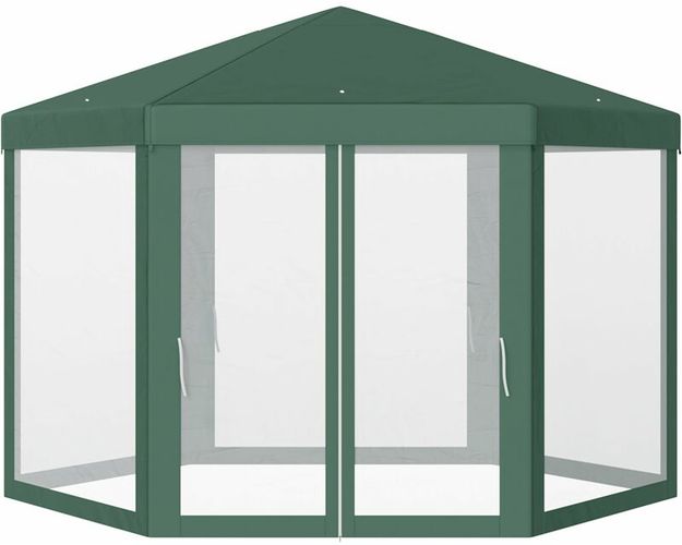 Gazebo Esagonale 3,9x2,5 M Con Zanzariere In Ferro E Poliestere Verde Miozzi