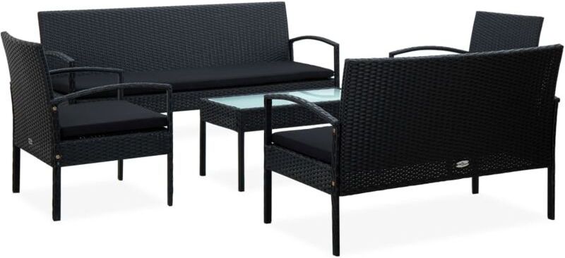 Set Divani da Giardino 5pz con Cuscini in Polyrattan Nero - Hommoo