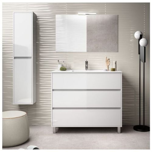 Mobile bagno a terra 100 cm in legno laccato Bianco lucido con lavabo in porcellana | Con colonna, specchio e lampada LED