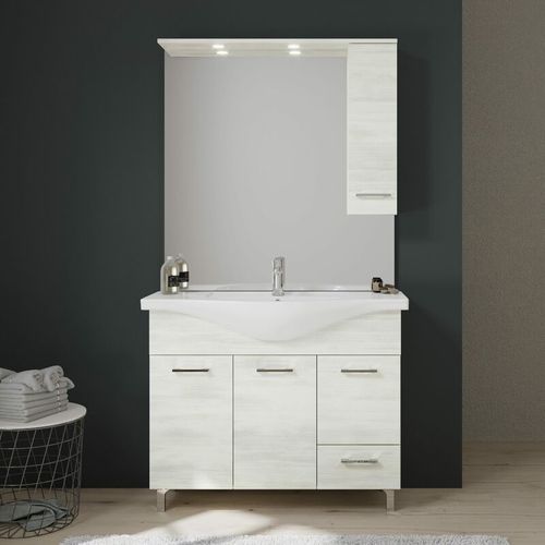 mobile bagno a terra 105CM pensile con specchio e luce bianco rimini