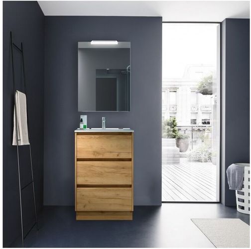 Mobile bagno a terra 60 cm in legno Rovere eternity con lavabo in porcellana | 60 cm - Con specchio e lampada LED