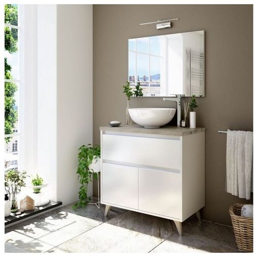 Mobile bagno a terra 80 cm Bianco lucido e Rovere con Lavabo a ciotola | Bianco lucido - 80 cm - Standard