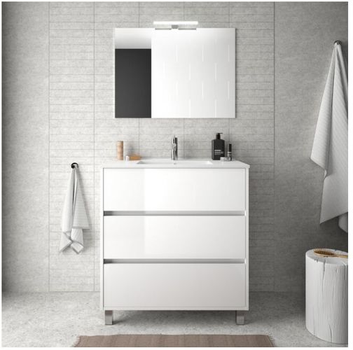 Mobile bagno a terra 80 cm in legno laccato Bianco lucido con lavabo in porcellana | Con colonna