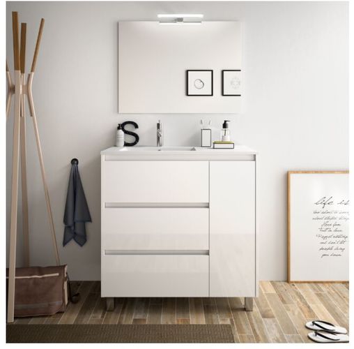 Mobile bagno a terra 85 cm in legno laccato Bianco lucido con lavabo in porcellana | Standard