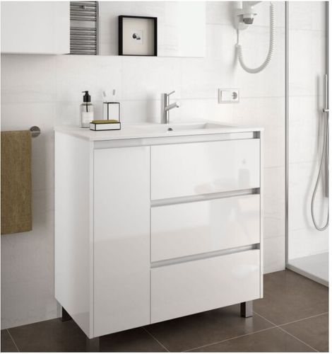 Mobile bagno a terra 85 cm in legno laccato Bianco lucido con lavabo vasca destra | Standard