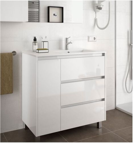 Mobile bagno a terra 85 cm in legno laccato Bianco lucido con lavabo vasca destra | Con specchio e lampada LED