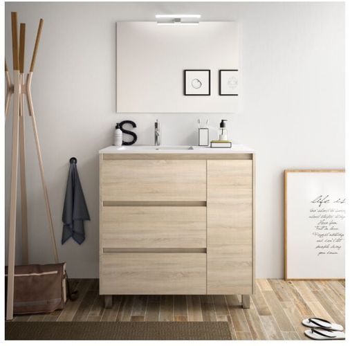 Mobile bagno a terra 85 cm in legno marrone Caledonia con lavabo in porcellana | Con specchio e lampada LED
