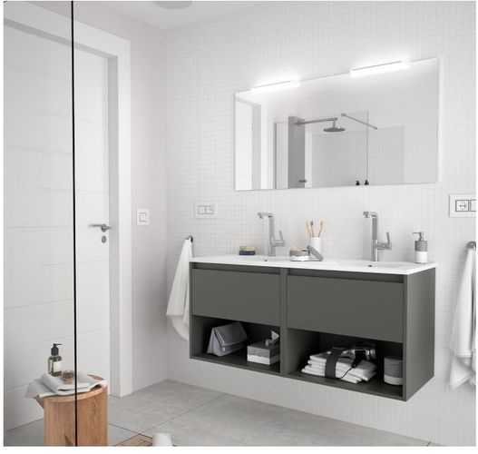 Mobile bagno sospeso 120 cm in legno grigio opaco con due cassetti e due vani 120 cm - Con doppio specchio e led