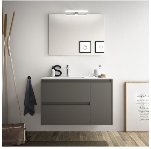 Mobile bagno sospeso 85 cm in legno grigio opaco con lavabo in porcellana | Standard