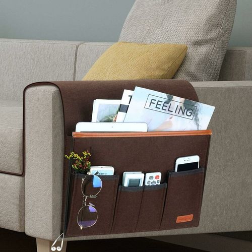 Organizer per braccioli per divano, borsa per poltrona con 5 tasche, coprisedia per telecomando, iPad, rivista, occhiali (marrone)