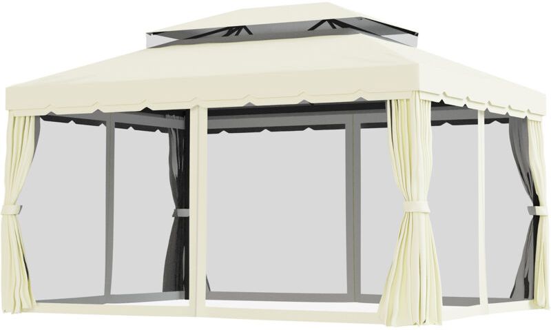 Gazebo con Doppio Tetto, Zanzariere, Tende, Bianco Crema 3x4m