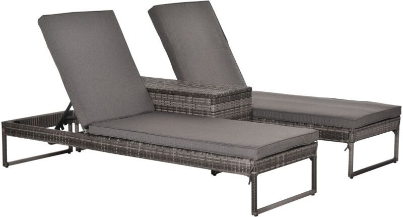 Set 2 Lettini Prendisole con Tavolino in pe Rattan Grigio - Outsunny