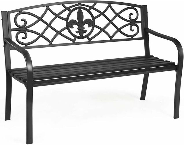 Panchina in Ferro per Giardino, Panchina per Cortile con Schienale e Braccioli Curvi, Panca da Esterno per 2-3 persone, 128 x 60 x 89 cm, Nero