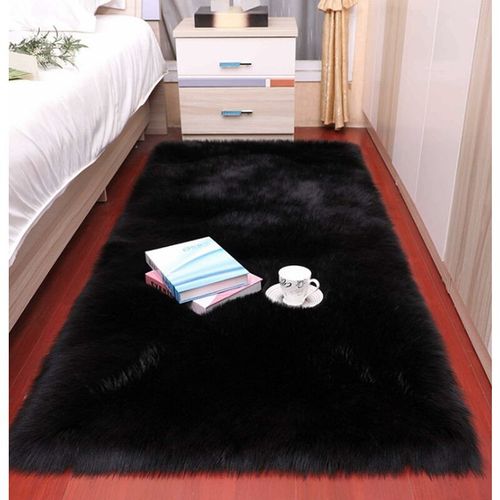 Piazza Tappeto Faux Fur Morbido soffice Tappeto Peloso Faux Montone Tappeto Tappeto Tappeto Soggiorno Camera da Letto Decorazione (90x60cm, Nero)