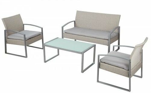 Salotto da esterno divano, due poltrone e tavolino metallo grigio e rattan sintetico bianco avorio Fredi Shewa