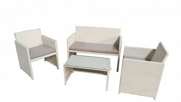 Salotto da esterno divano, due poltrone e tavolino, Polyrattan bianco, cuscini grigio chiaro Fredi Cileva