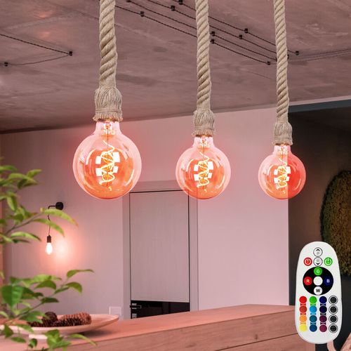 Set di 3 lampade a sospensione a soffitto sospese con telecomando in corda di canapa in un set che include lampadine LED RGB
