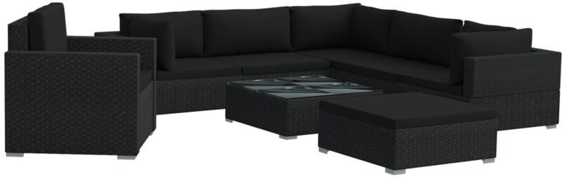 Set Divani da Giardino 8 pz con Cuscini in Polyrattan Nero Nero