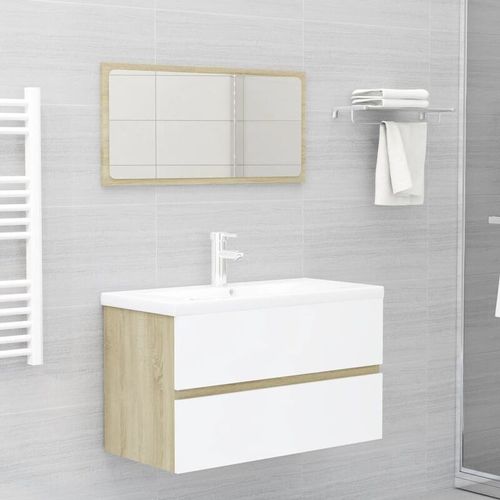 Set Mobili da Bagno 2 pz Bianco e Rovere Sonoma in Truciolato