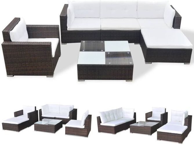 Set Divani da Giardino 6 pz con Cuscini in Polyrattan Marrone - Marrone