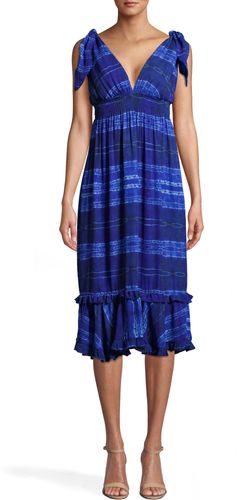 Nicole Miller Shibori Stripe Dress With Tie Shoulder In Indigo | Silk/Polyester/Spandex | Size 14