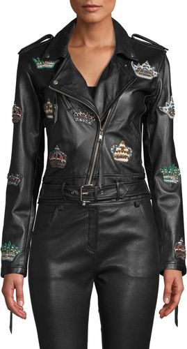 Nicole Miller Embellished Crown Leather Moto Jacket In Black | Viscose/Leather | Size Extra Large