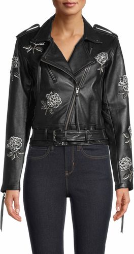 Nicole Miller Embellished Rose Moto Jacket In Black | Viscose/Leather | Size Extra Large