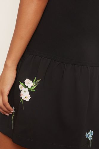 Sleeveless Flower Shift Dress in Stampa Fondo Nero