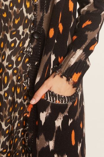 TS Long Cotton Leopard Cardigan in Grey/Orange Leopard