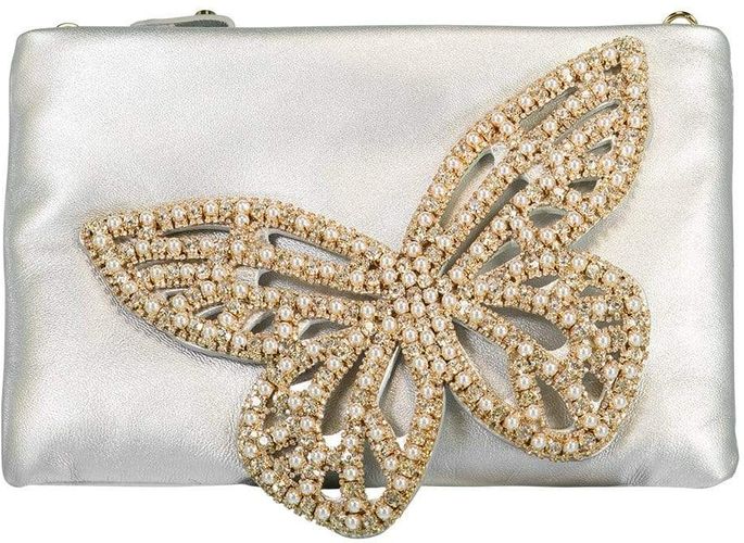 Butterfly Flossy Crystal Clutch - Silver & Pearl
