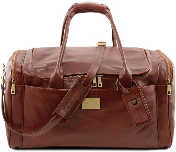 Travel leather bag with side pockets Large size Brown