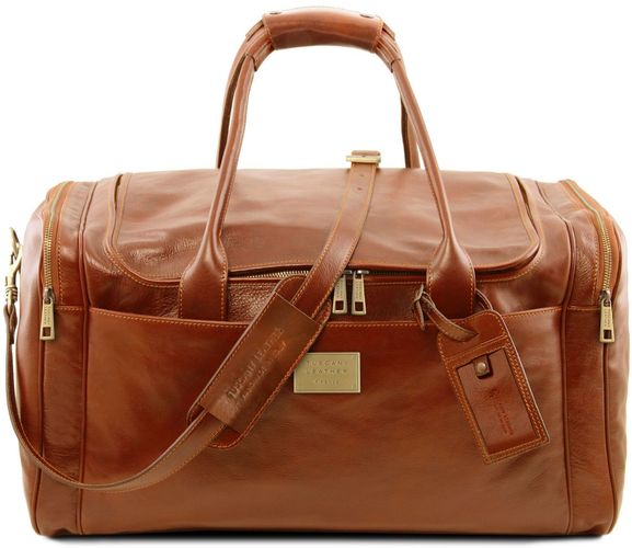 Travel leather bag with side pockets Large size Honey