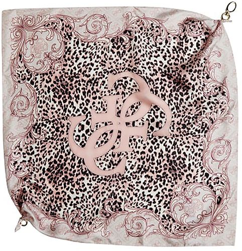 Foulard in pura seta rosa con grazie cornice ornamentali e fantasia animalier, simbolo logo al centro